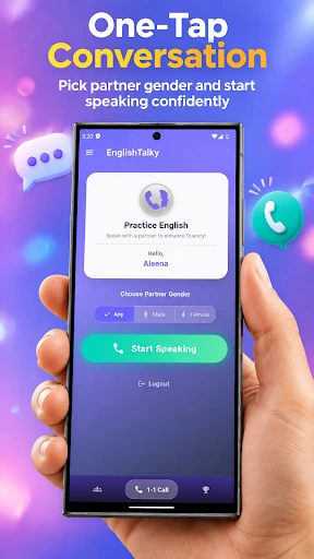 EnglishTalky home screen with partner choice and a Start Speaking button