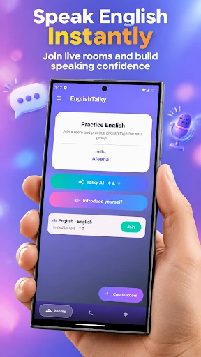 EnglishTalky rooms screen with Talky AI and live rooms