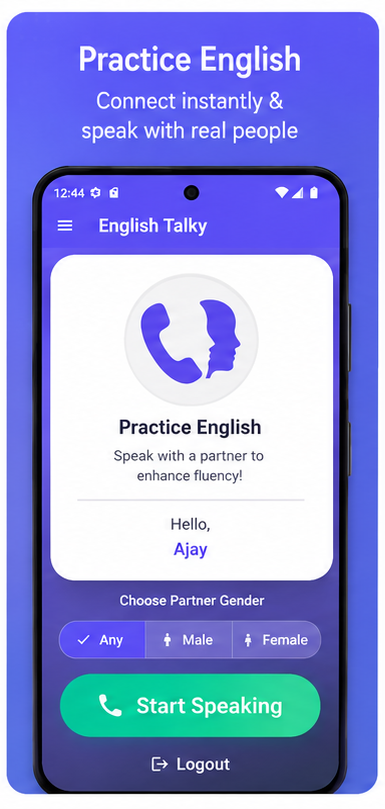 EnglishTalky screen showing partner gender selection and Start Speaking button