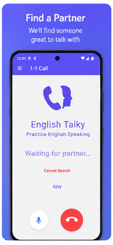 EnglishTalky screen showing instant matchmaking and waiting for a partner