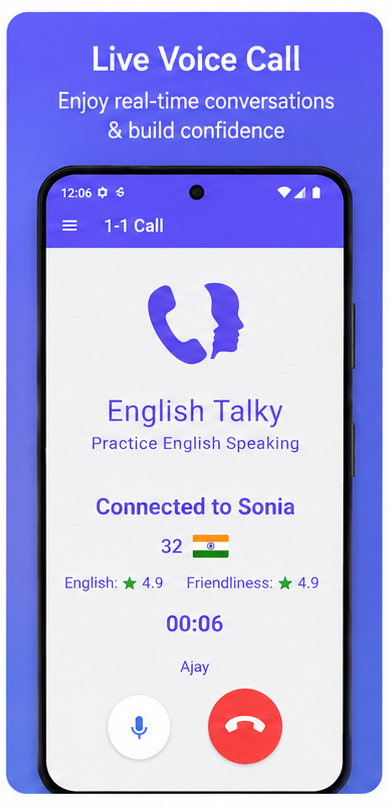 EnglishTalky screen showing a live 1-on-1 audio call connected with a partner