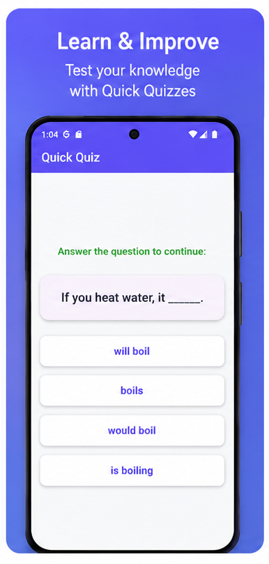 EnglishTalky screen showing a quick English grammar quiz
