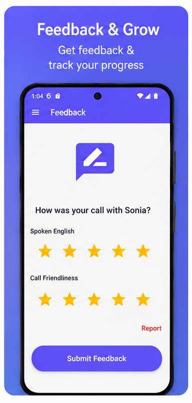 EnglishTalky screen showing call feedback and star ratings